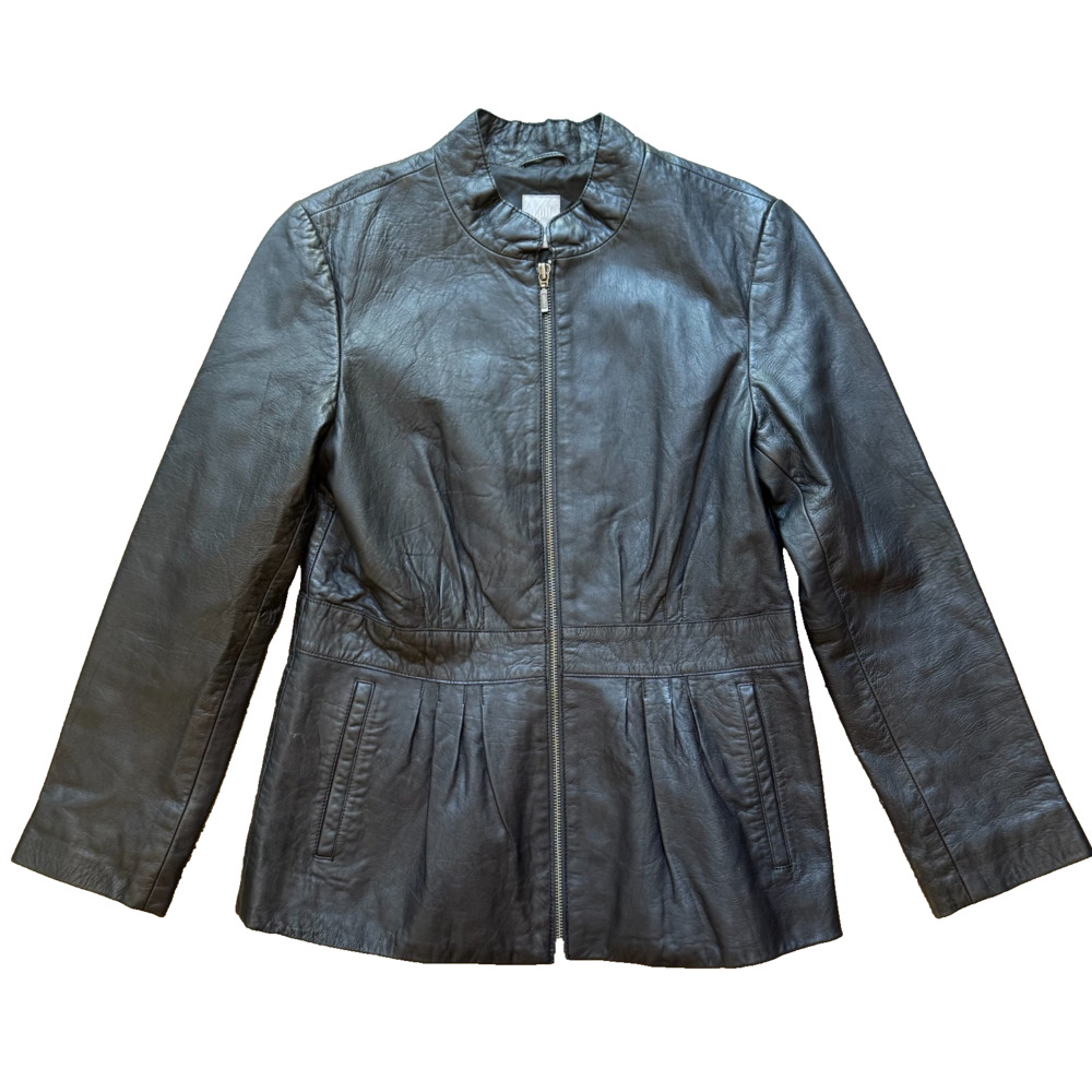J.Jill Genuine Leather Peplum Jacket Women's Small Black Zip Front Tailored